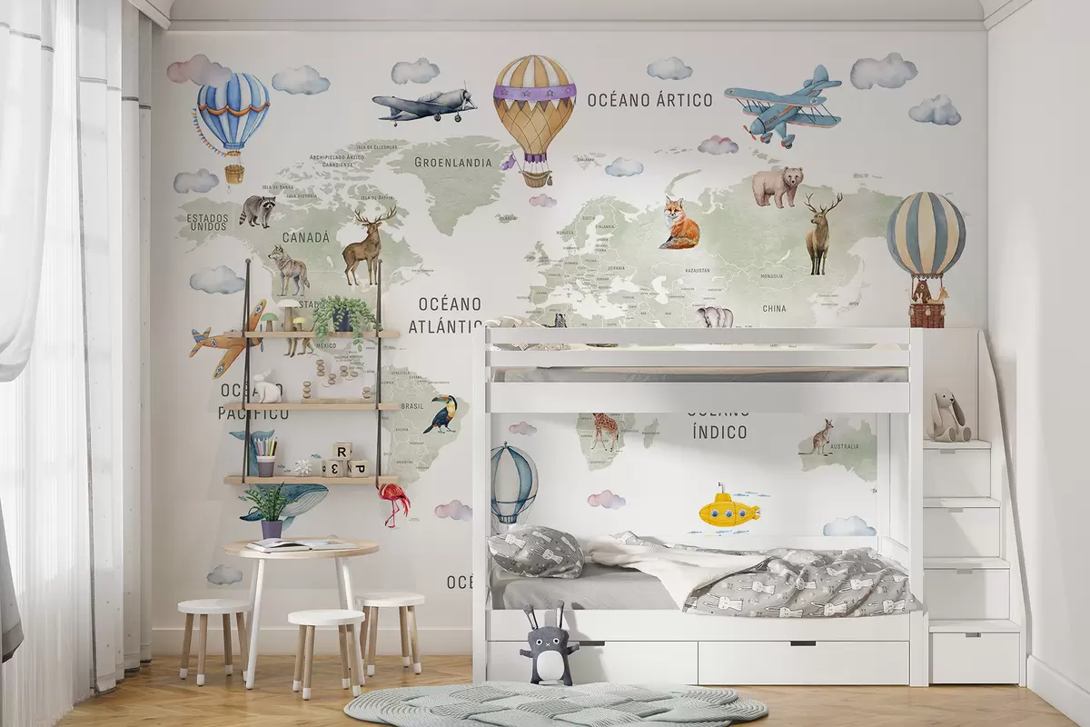 murales de pared Mapa infantil en estilo acuarela con animales y globos aerostáticos. En español. Color verde. c00001es