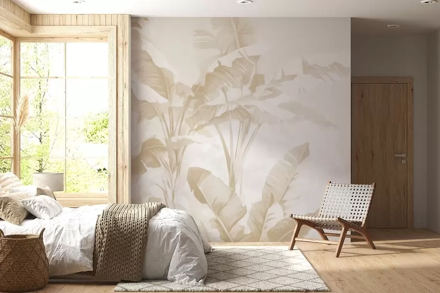 murales de pared Hojas de plátano tropical en suaves tonos beige w09311v2