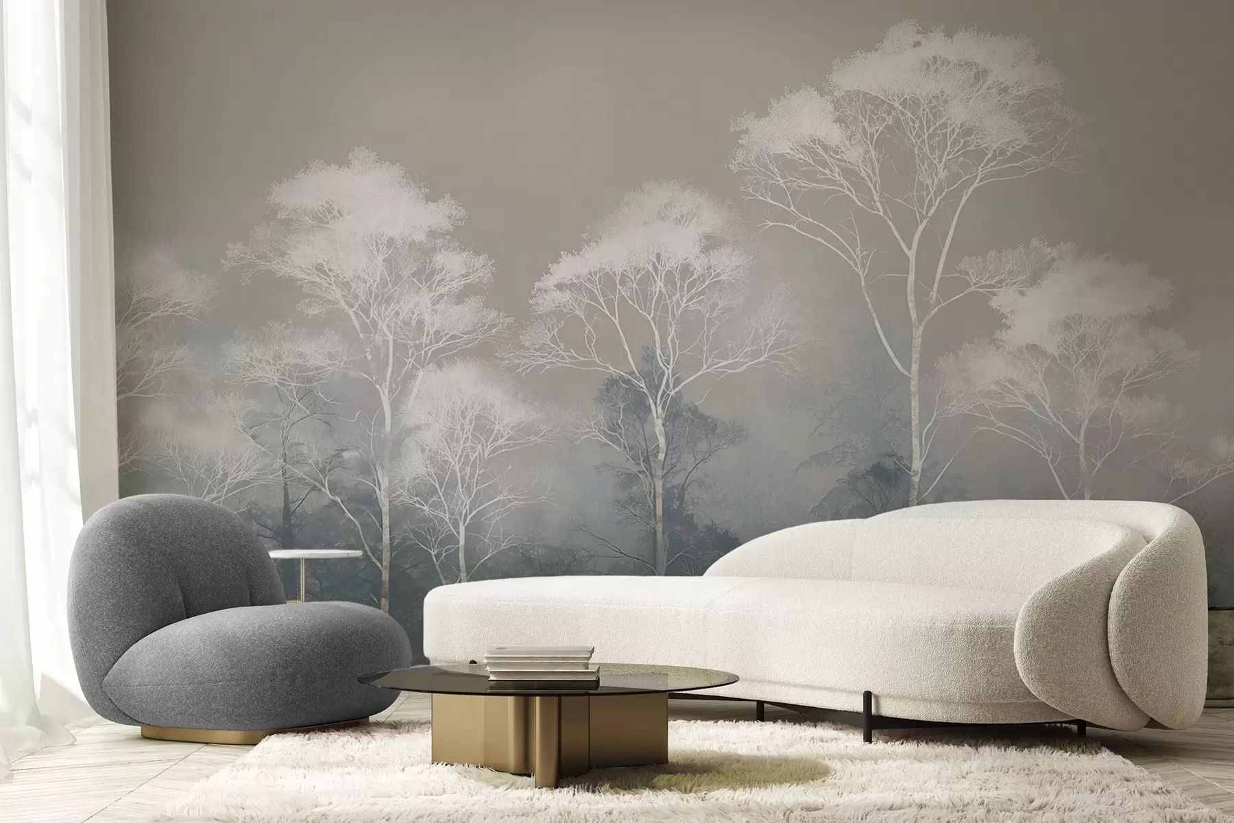 murales de pared Árboles minimalistas en tonos azul grisáceos, en la niebla w09448