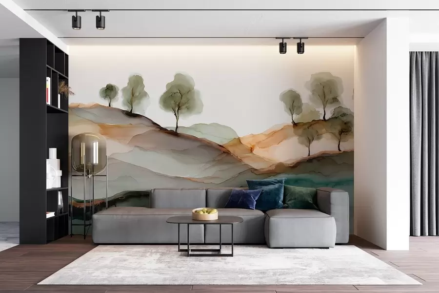 murales de pared Paisaje abstracto en estilo tinta alcohólica: colinas y árboles en tonos pastel w09457