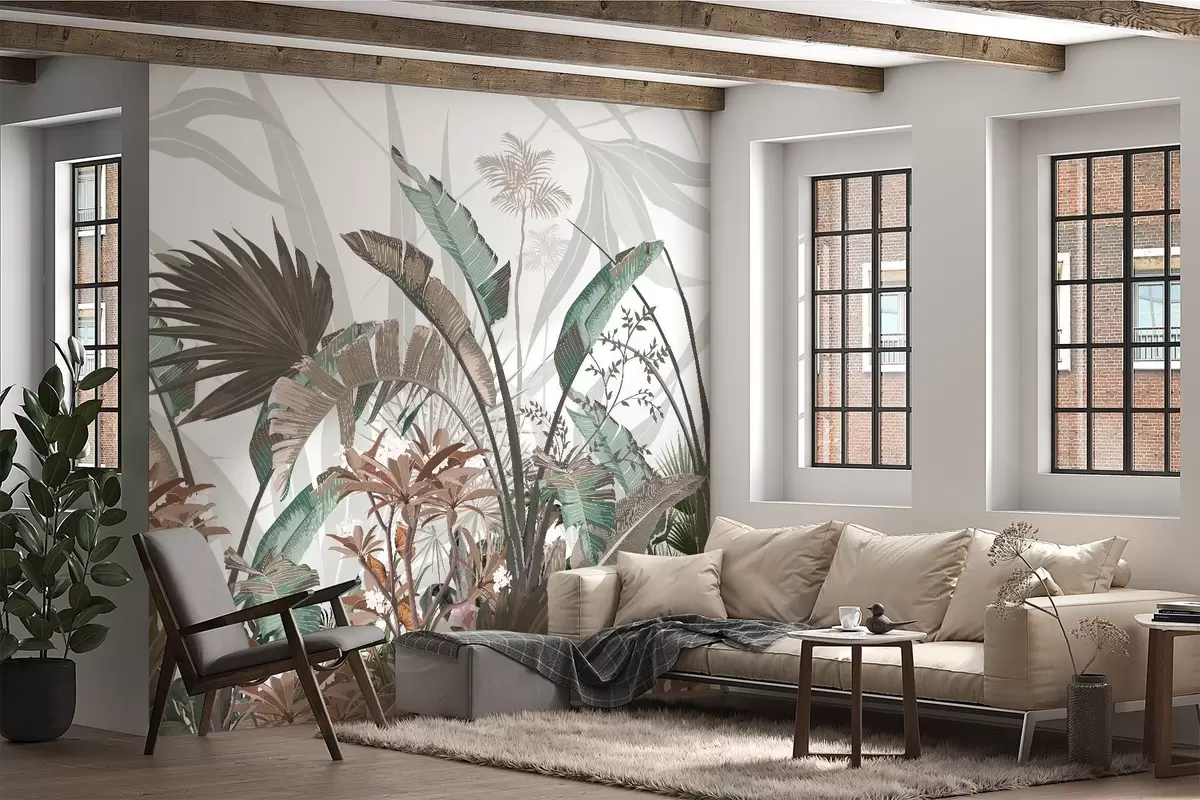 Murales de pared Hojas tropicales con textura y flores, palmeras, flores de plumeria, colores pastel, fondo blanco, selva w09488 murales de pared Hojas tropicales con textura y flores, palmeras, flores de plumeria, colores pastel, fondo blanco, selva w09488