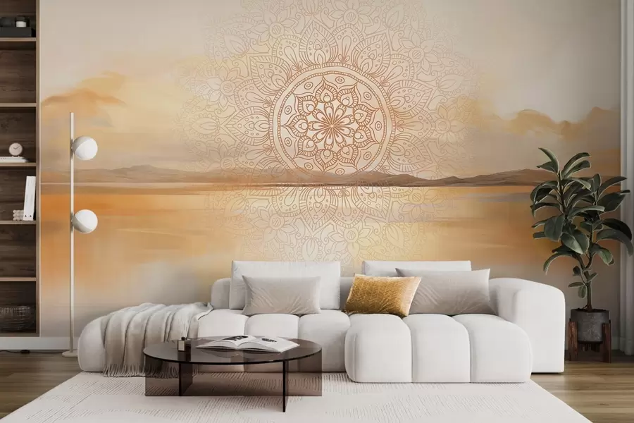 murales de pared Diseño mandala simétrico con textura superpuesto a un paisaje con mar, colinas y cielo, en suaves colores pastel w09491