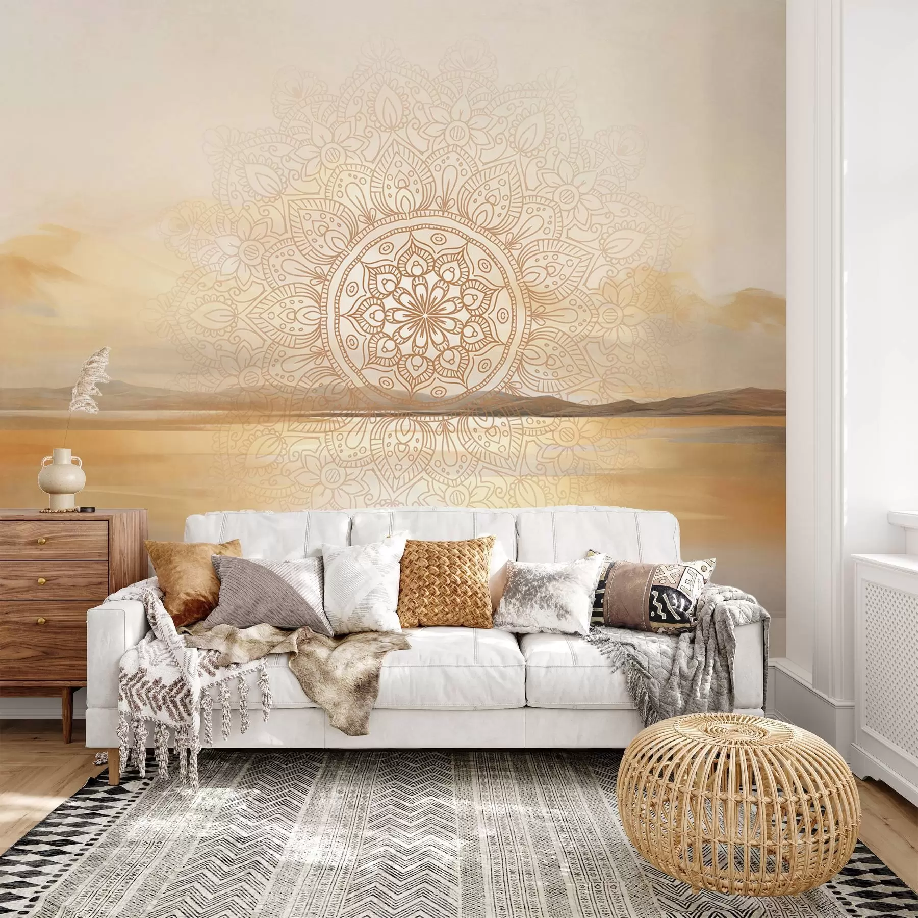 murales de pared Diseño mandala simétrico con textura superpuesto a un paisaje con mar, colinas y cielo, en suaves colores pastel w09491