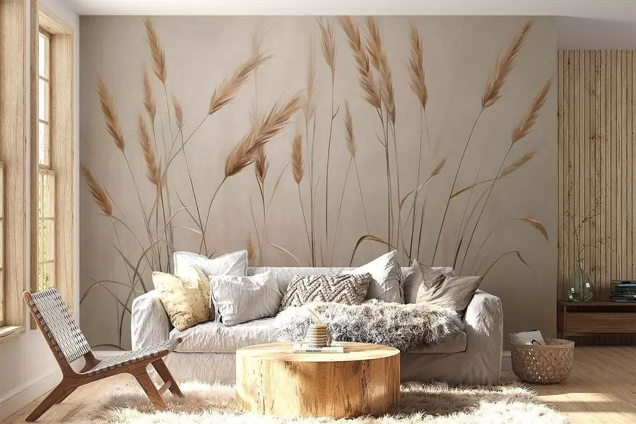 murales de pared Campo con textura de trigo con espigas amarillas, fondo beige, iluminación natural, tonos cálidos, pinceladas detalladas w09493