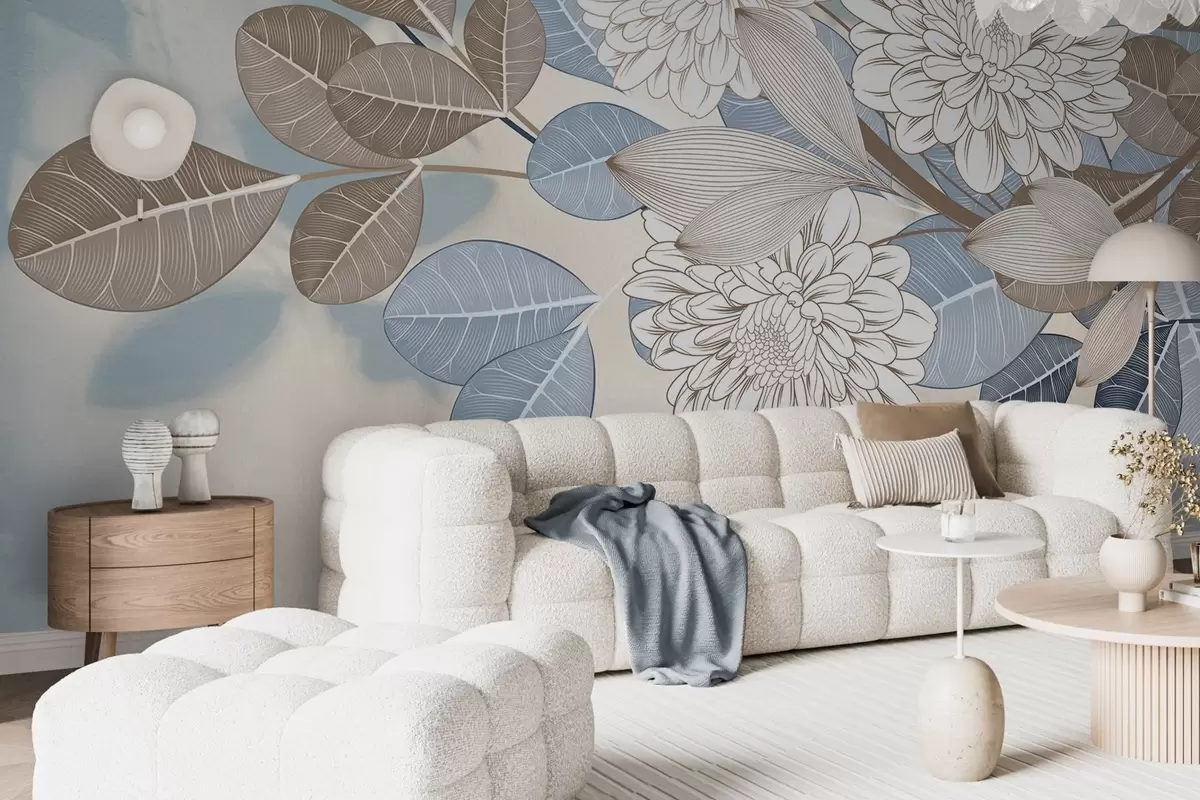 Murales de pared Flores blancas con hojas azules y marrones, fondo azul claro con textura, arreglo floral, dibujo lineal detallado w09496 murales de pared Flores blancas con hojas azules y marrones, fondo azul claro con textura, arreglo floral, dibujo lineal detallado w09496
