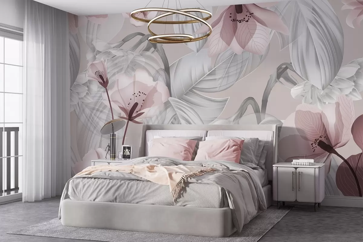 Murales de pared Flores rosas y hojas grises, fondo botánico floral, diseño elegante, colores suaves, detalles delicados y ligeros w09497 murales de pared Flores rosas y hojas grises, fondo botánico floral, diseño elegante, colores suaves, detalles delicados y ligeros w09497