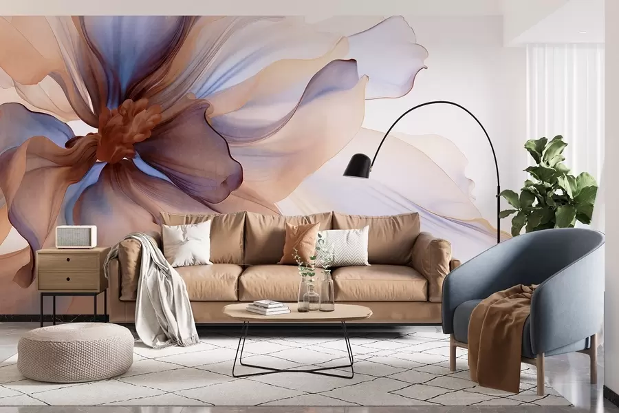 murales de pared Flor grande con textura detallada, con pétalos blancos, azules y marrones, sobre fondo blanco w09498