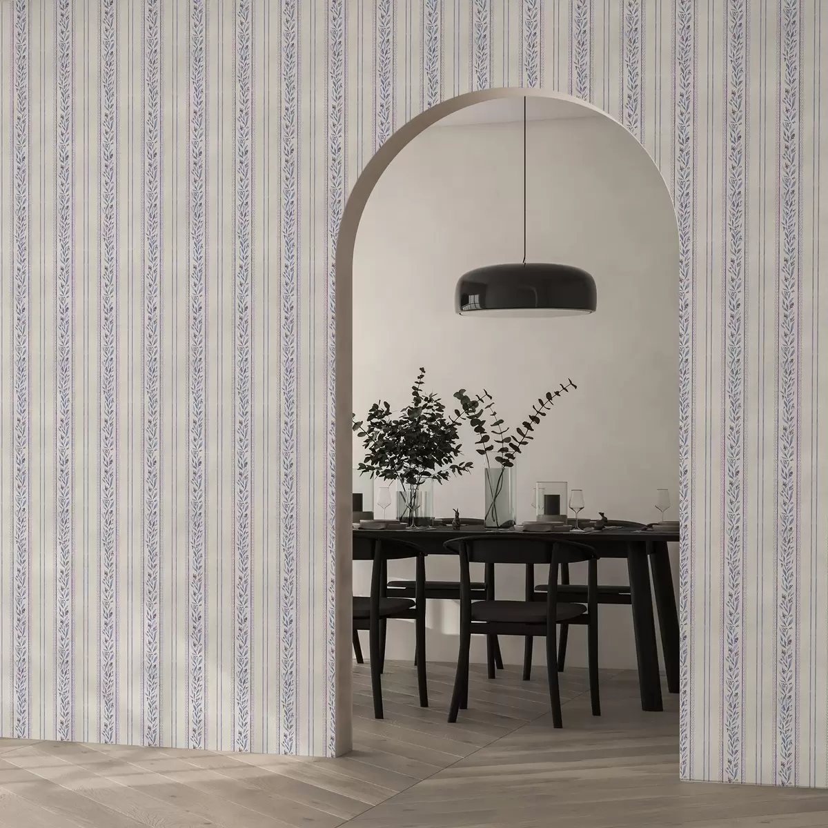 Papel pintado Rayas verticales con guirnaldas de lavanda, fondo beige a00813v1 Papel pintado Rayas verticales con guirnaldas de lavanda, fondo beige a00813v1