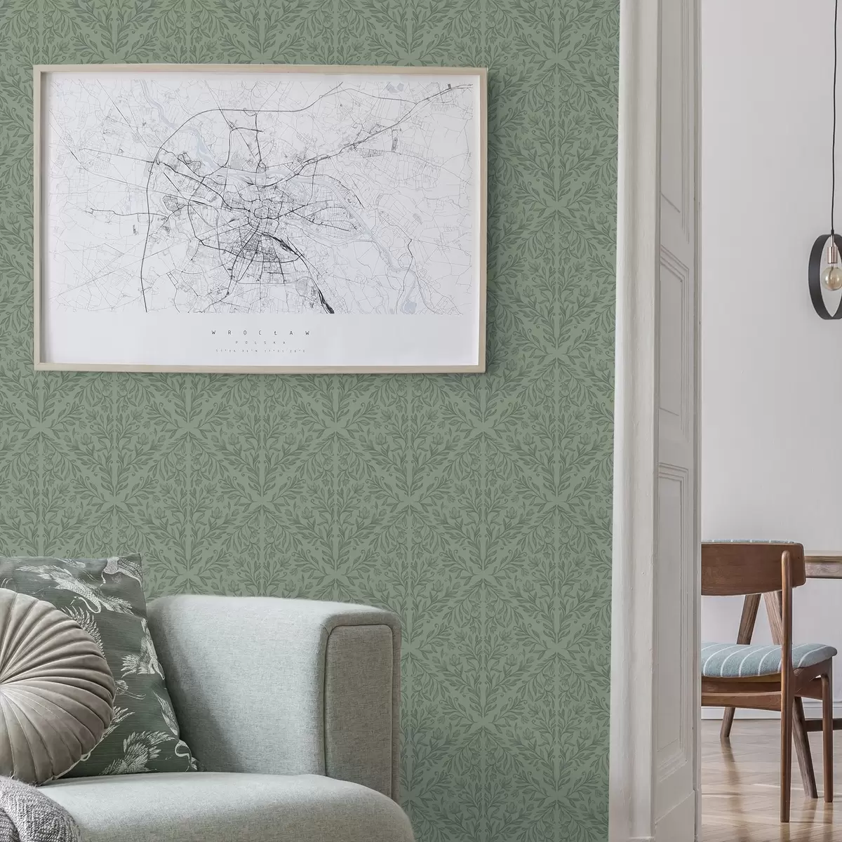 Papel pintado Damasco botánico fino en verde apagado a00815v1 Papel pintado Damasco botánico fino en verde apagado a00815v1