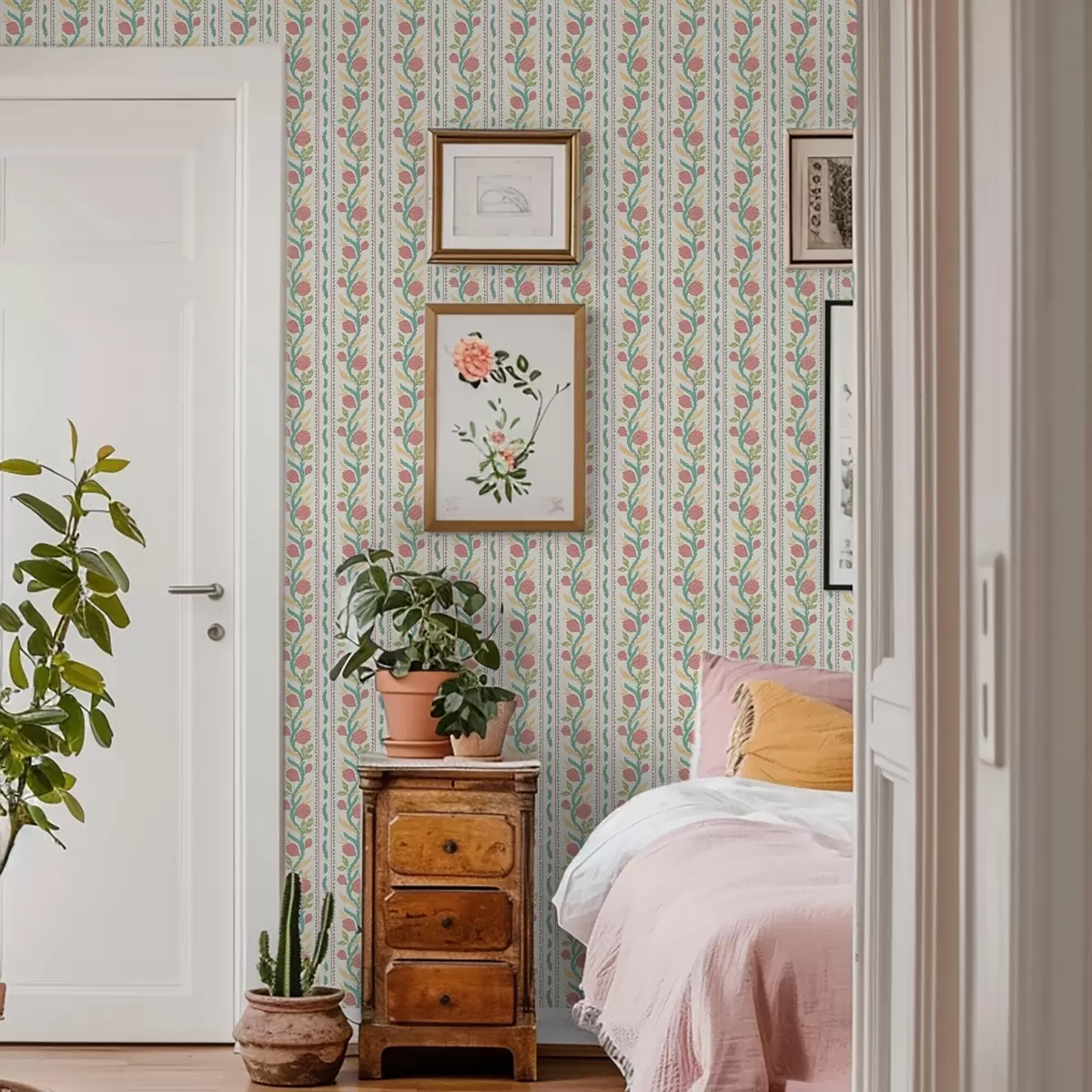 Papel pintado Rayas con capullos de coral sobre fondo crema claro. a00816v1