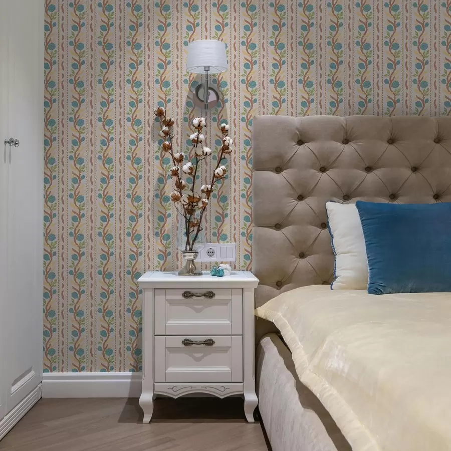 Murales de pared Rayas verticales con flores azules sobre un fondo cálido a00816v3 murales de pared Rayas verticales con flores azules sobre un fondo cálido a00816v3