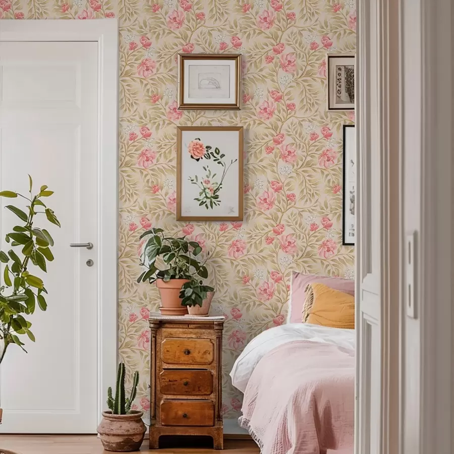 murales de pared Flores rosas, flores blancas y follaje en tonos ocres a00855