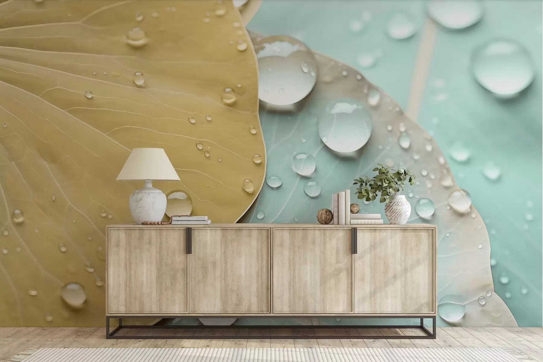 murales de pared Gotas de agua sobre hojas, acuarela macro w04838v1