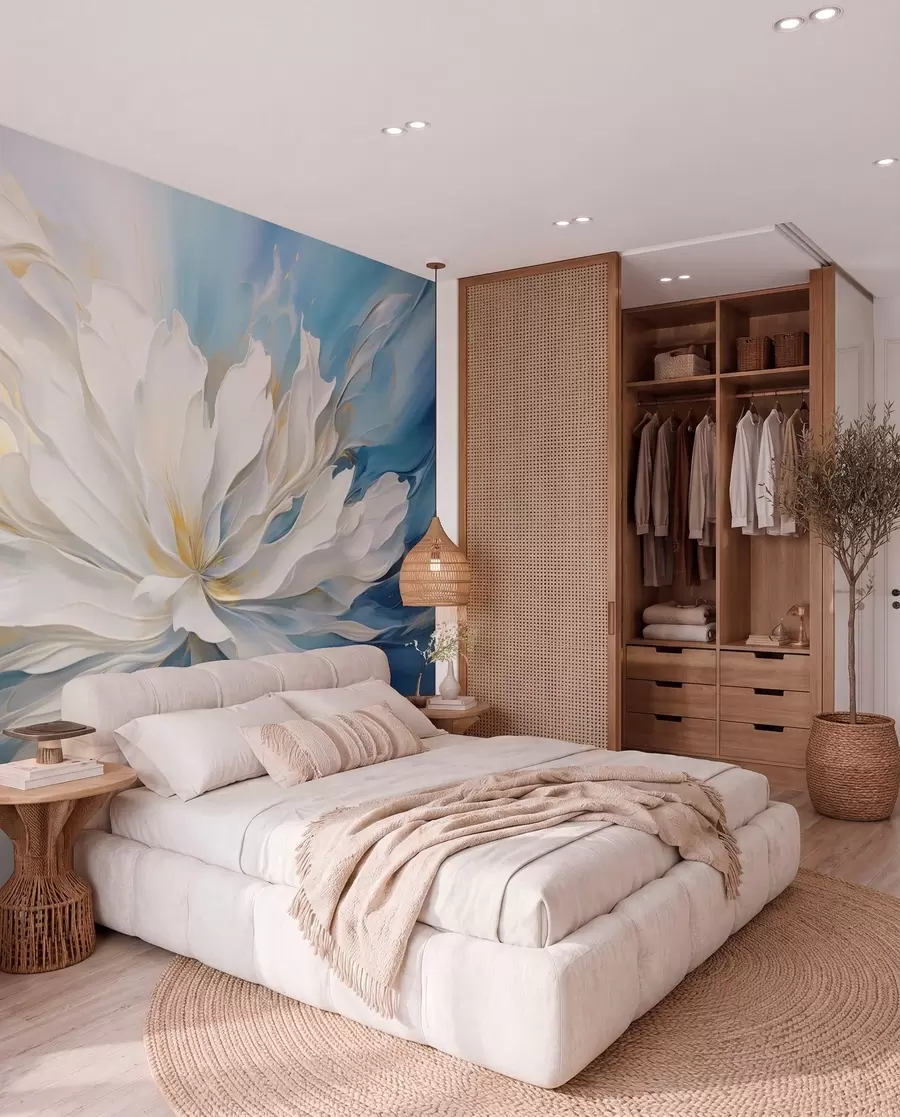 murales de pared Gran peonía blanca en estilo pintura al óleo sobre fondo azul y amarillo w09511