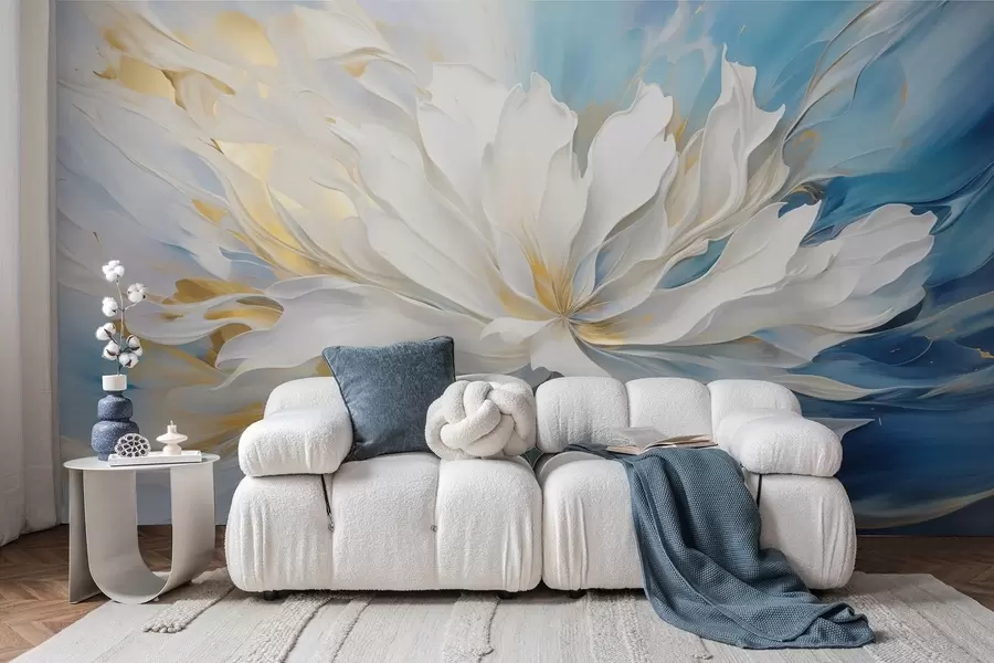 murales de pared Gran peonía blanca en estilo pintura al óleo sobre fondo azul y amarillo w09511