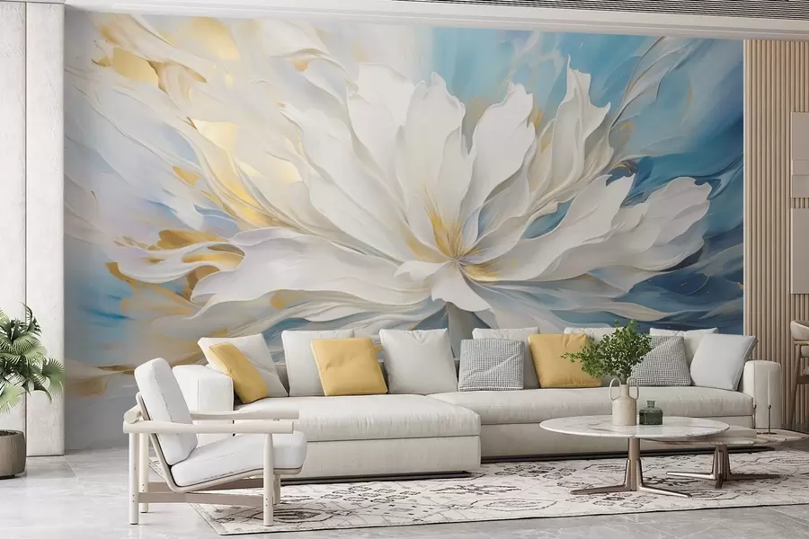 murales de pared Gran peonía blanca en estilo pintura al óleo sobre fondo azul y amarillo. w09511