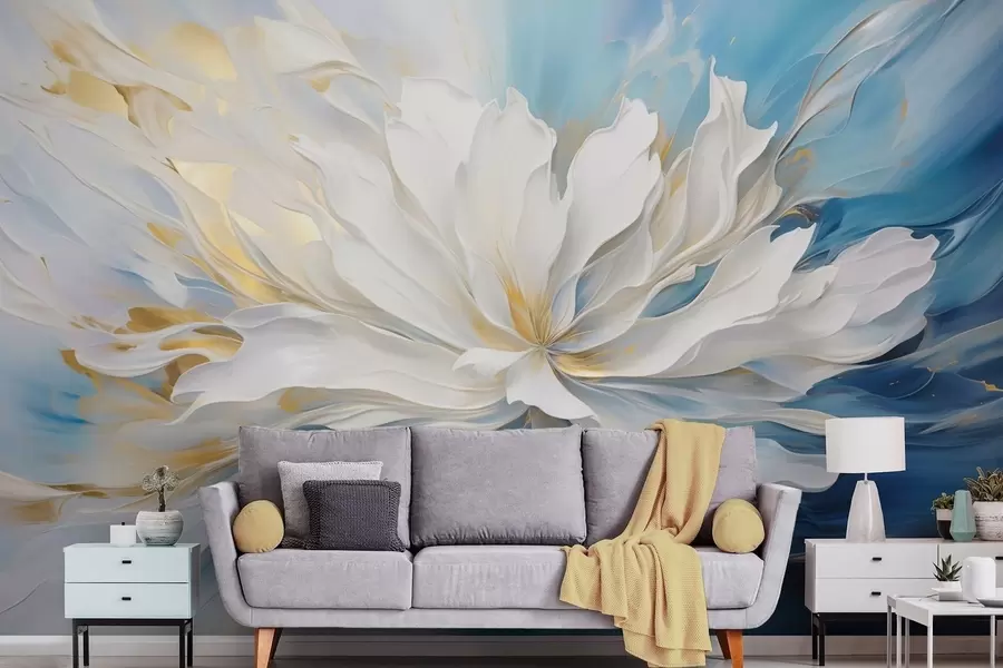 murales de pared Gran peonía blanca en estilo pintura al óleo sobre fondo azul y amarillo w09511