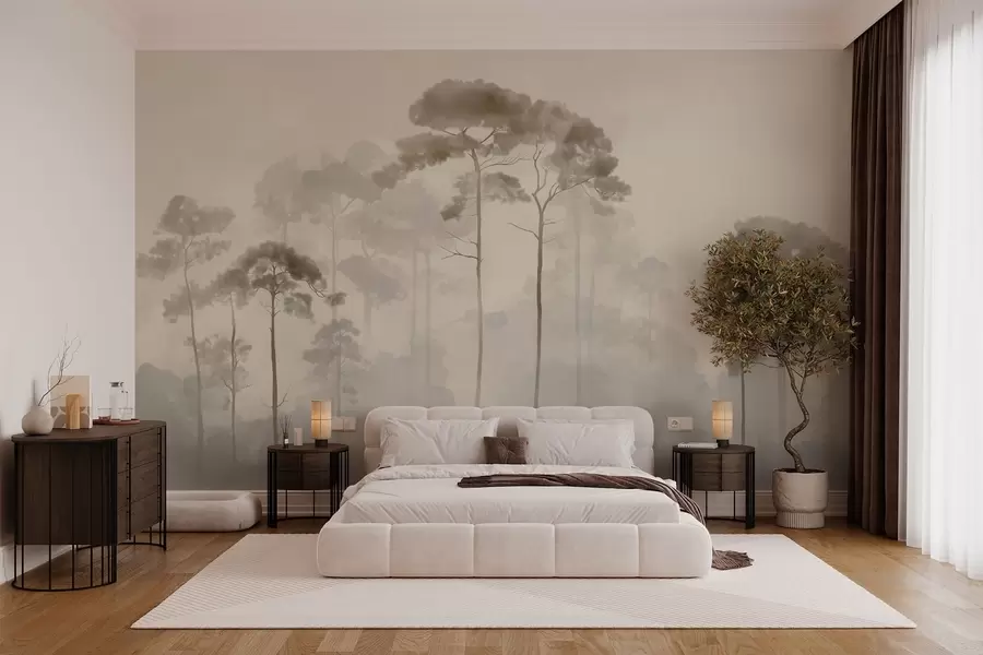 murales de pared siluetas ligeras de pinos en estilo acuarela w04634