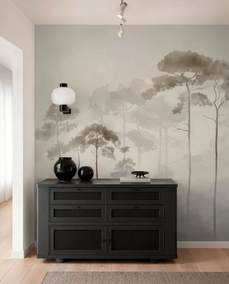 murales de pared siluetas ligeras de pinos en estilo acuarela w04634