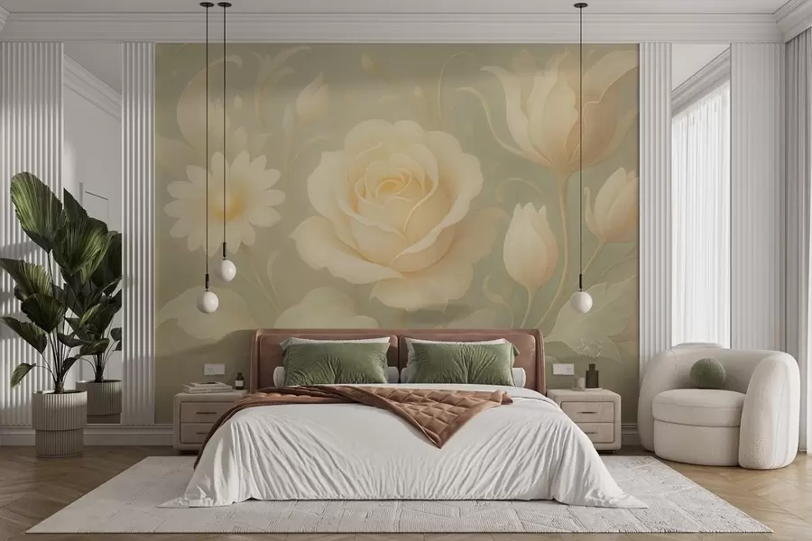 murales de pared Delicada composición vintage con rosas beige sobre fondo verde claro w09499