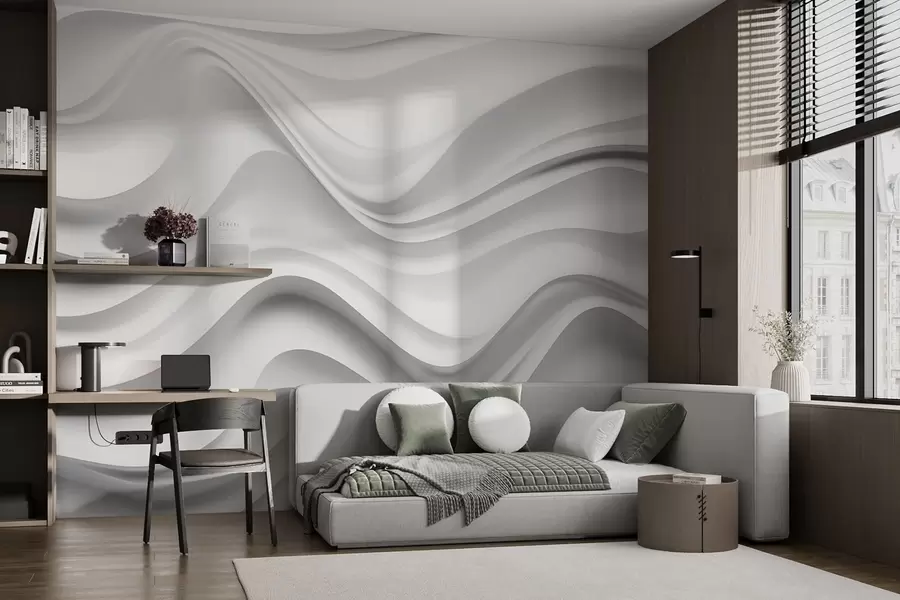 murales de pared Composición abstracta en blanco y negro en 3D con ondas suaves w09506