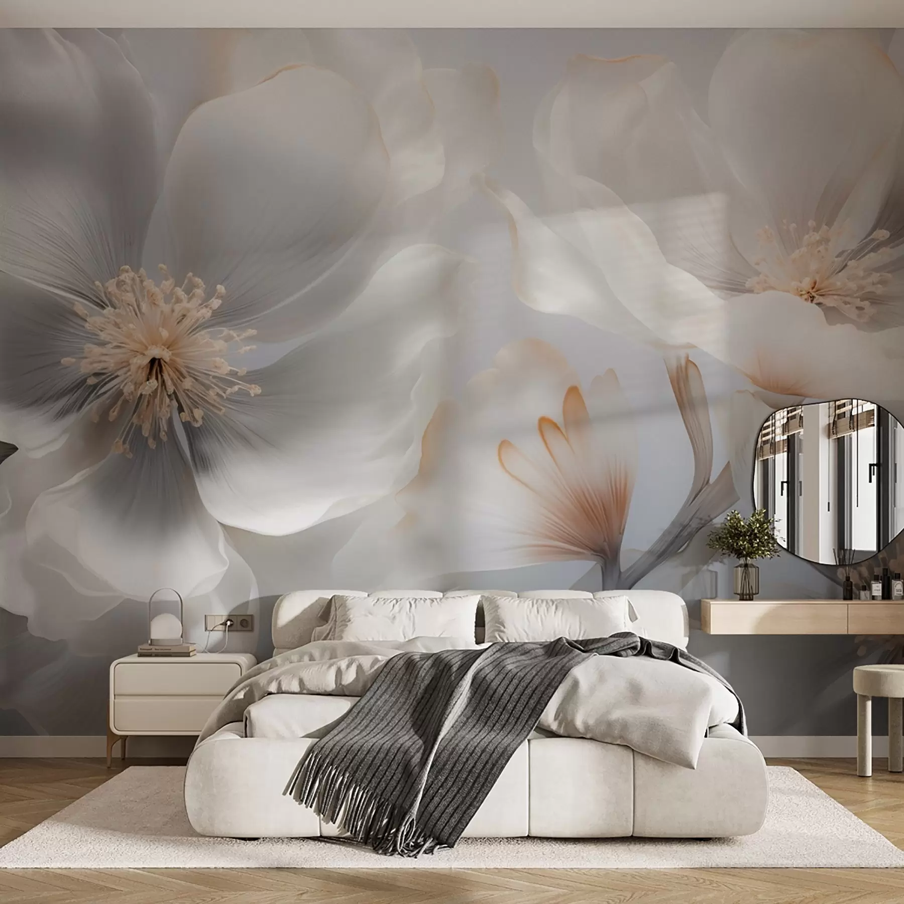 murales de pared Flores nacaradas en tonos beige grisáceo y crema lechoso. w09527
