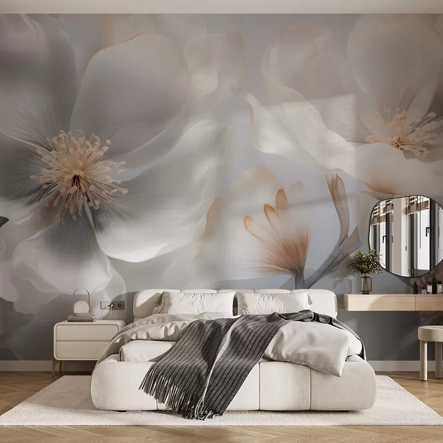 murales de pared Flores nacaradas en tonos beige grisáceo y crema lechoso. w09527