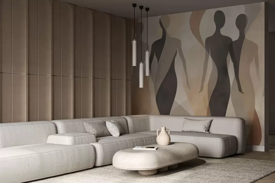 murales de pared Siluetas y suaves ondas en cálidos tonos beige grisáceos w04787