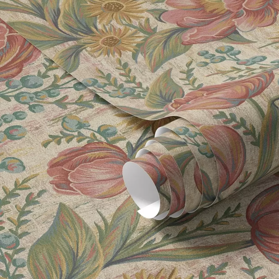 murales de pared Tulipanes y ásteres vintage, fondo crema texturizado a00773