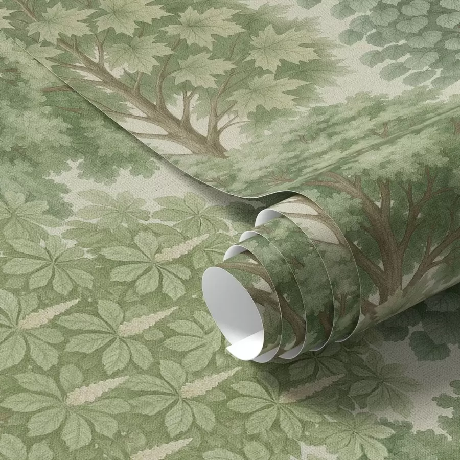 murales de pared Jardín de árboles en suaves tonos verdes sobre un fondo claro. a00775