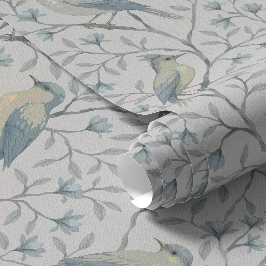 murales de pared Pájaros en las ramas, esquema gris azulado a00782