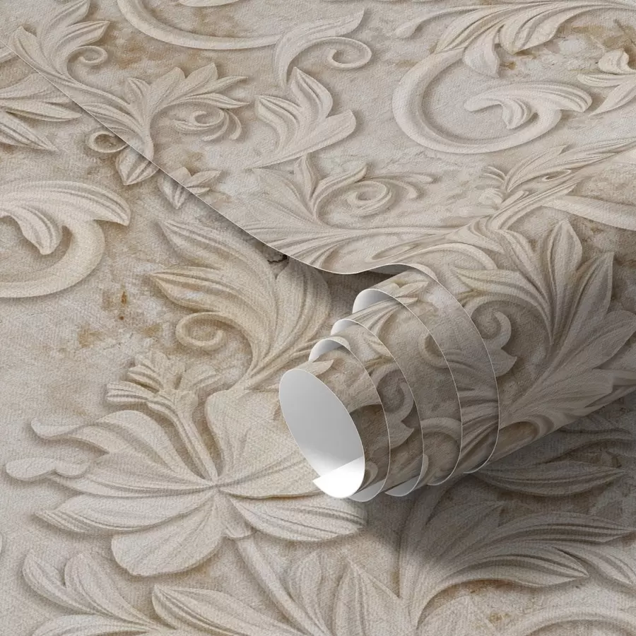 murales de pared Relieve en piedra con volutas florales, beige vintage a00784