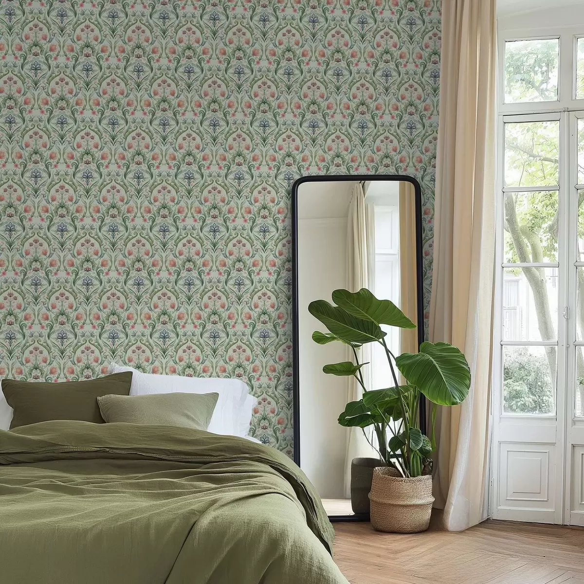 Papel pintado Adorno floral simétrico, paleta de colores menta y crema. a00827v1