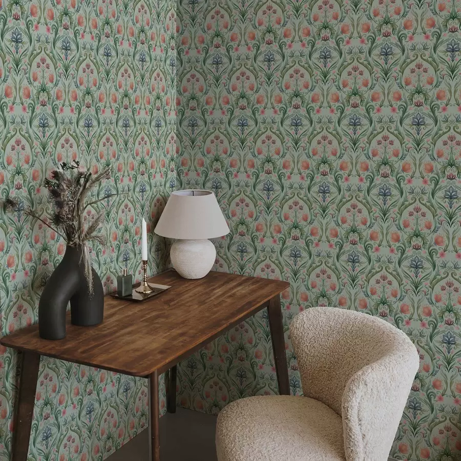 murales de pared Adorno floral simétrico, paleta de colores menta y crema. a00827v1