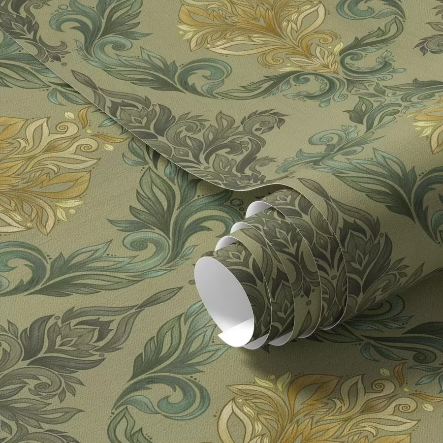 murales de pared Damasco con volutas vegetales, paleta de colores oliva y ocre. a00828