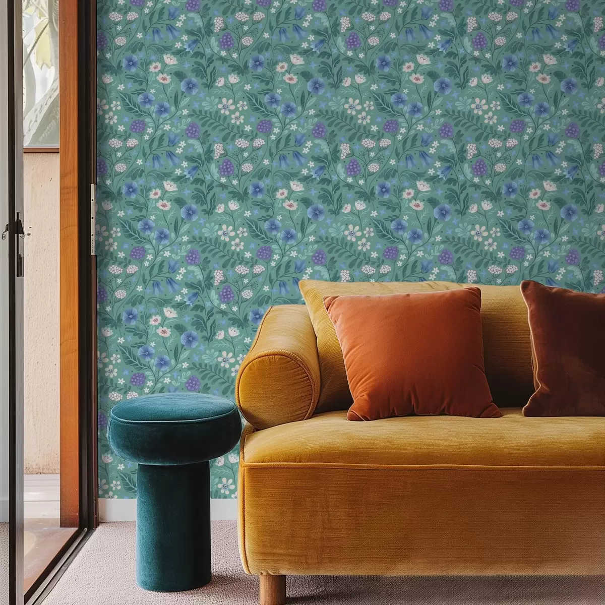 murales de pared Flores silvestres y bayas sobre un suave fondo menta a00849