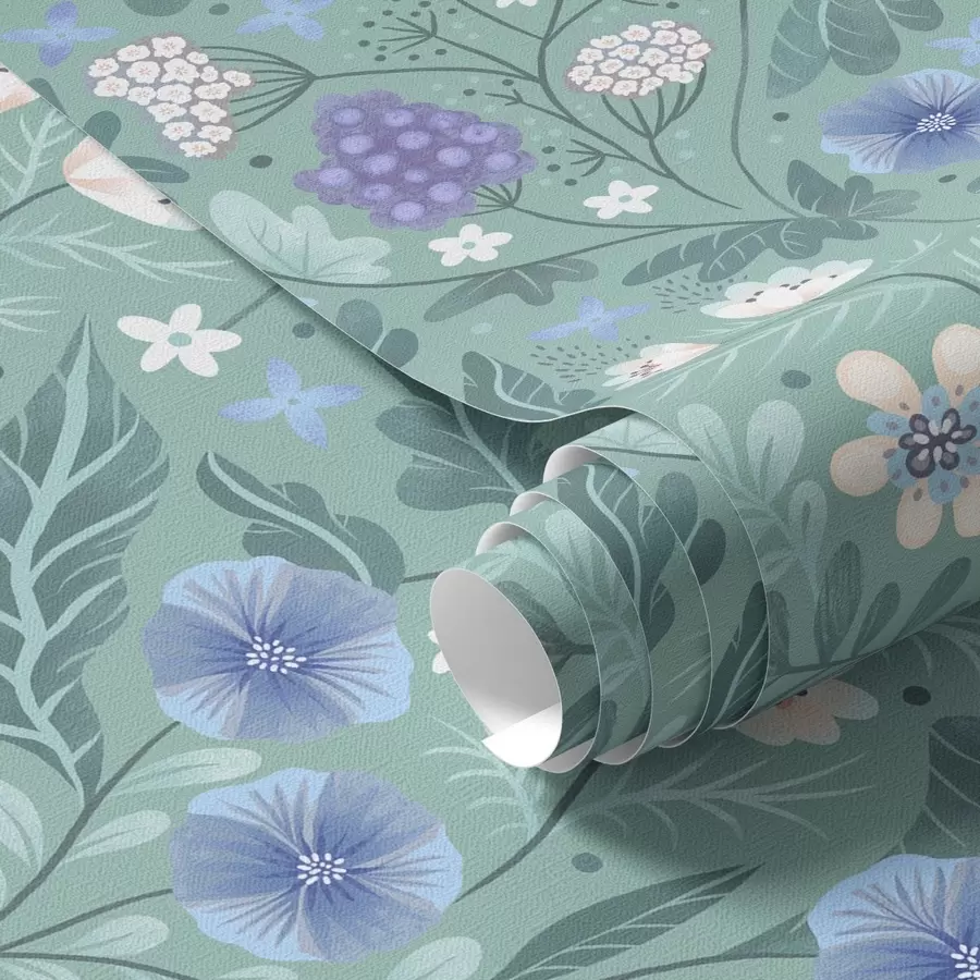 murales de pared Flores silvestres y bayas sobre un suave fondo menta a00849