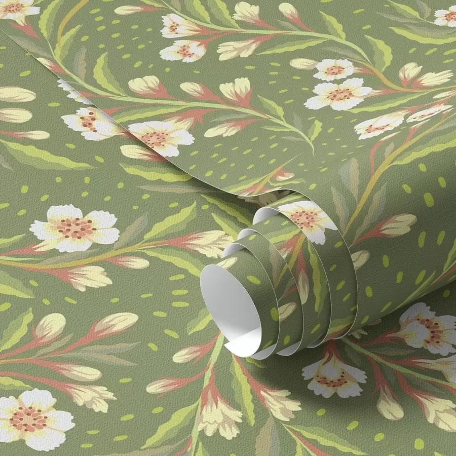 murales de pared Ramas con flores color crema sobre fondo oliva. a00850