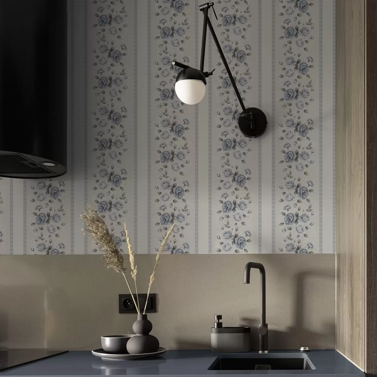 murales de pared Rosas azules en bandas verticales sobre fondo claro. a00860