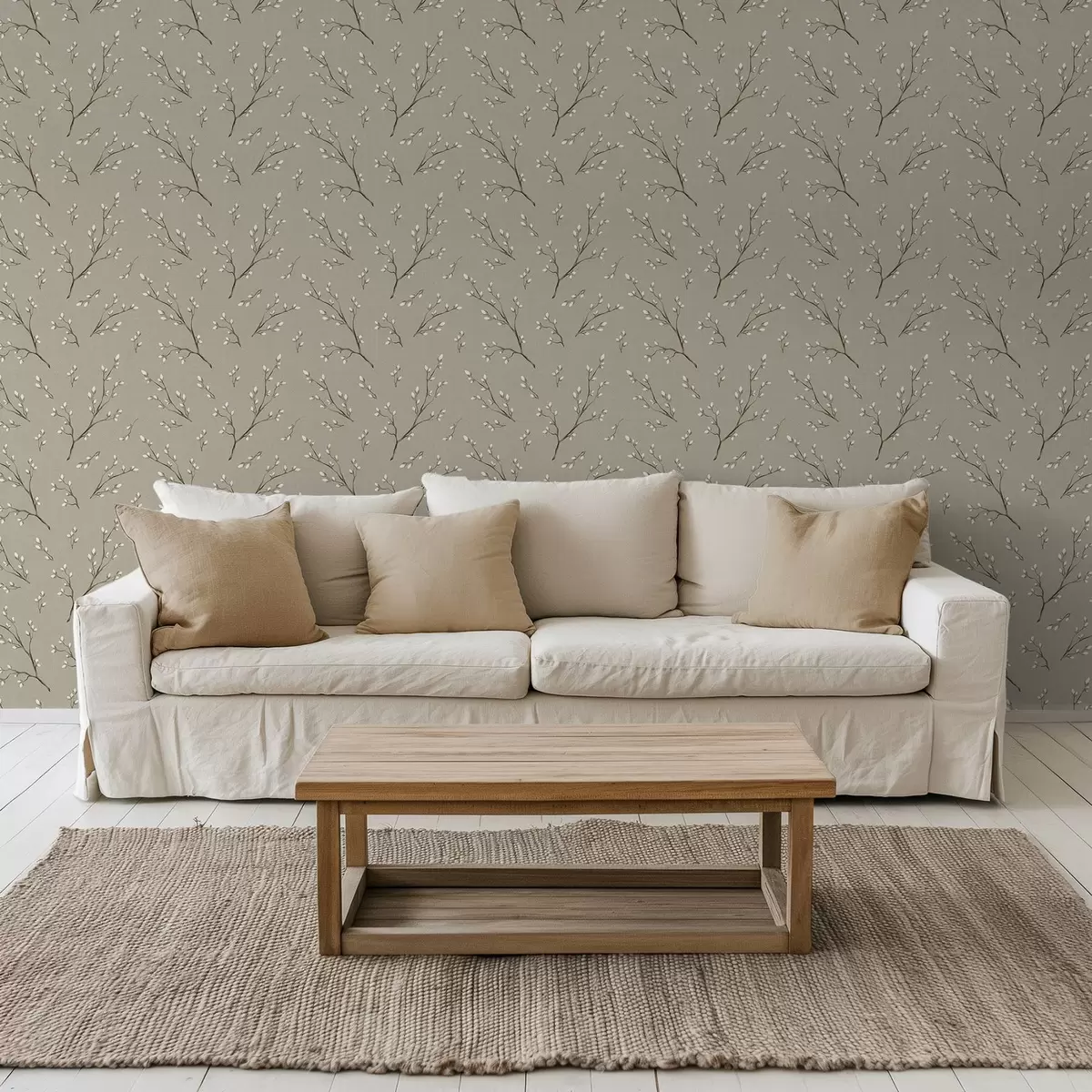 murales de pared Ramitas con brotes blancos sobre fondo gris topo lino a00861