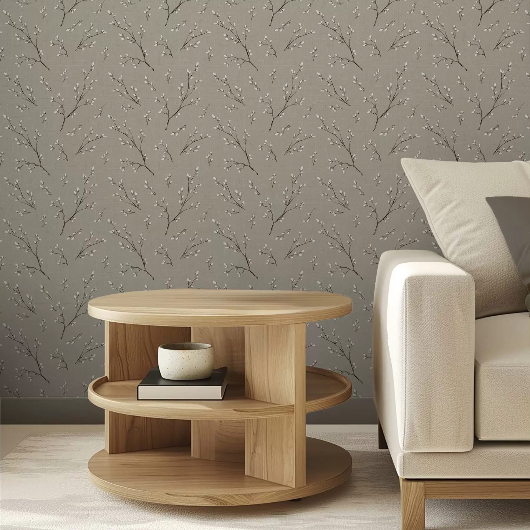 murales de pared Ramitas con brotes blancos sobre fondo gris topo lino a00861