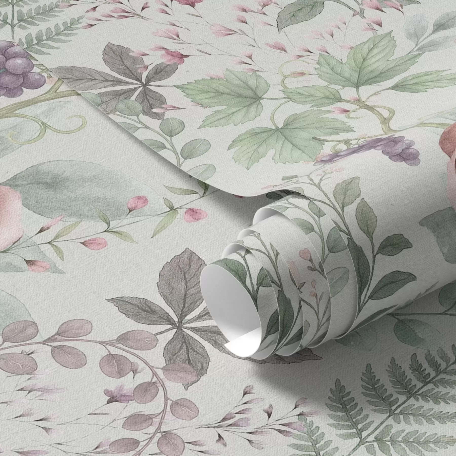 murales de pared Jardín en tonos pastel con rosas, helechos y uvas a00867