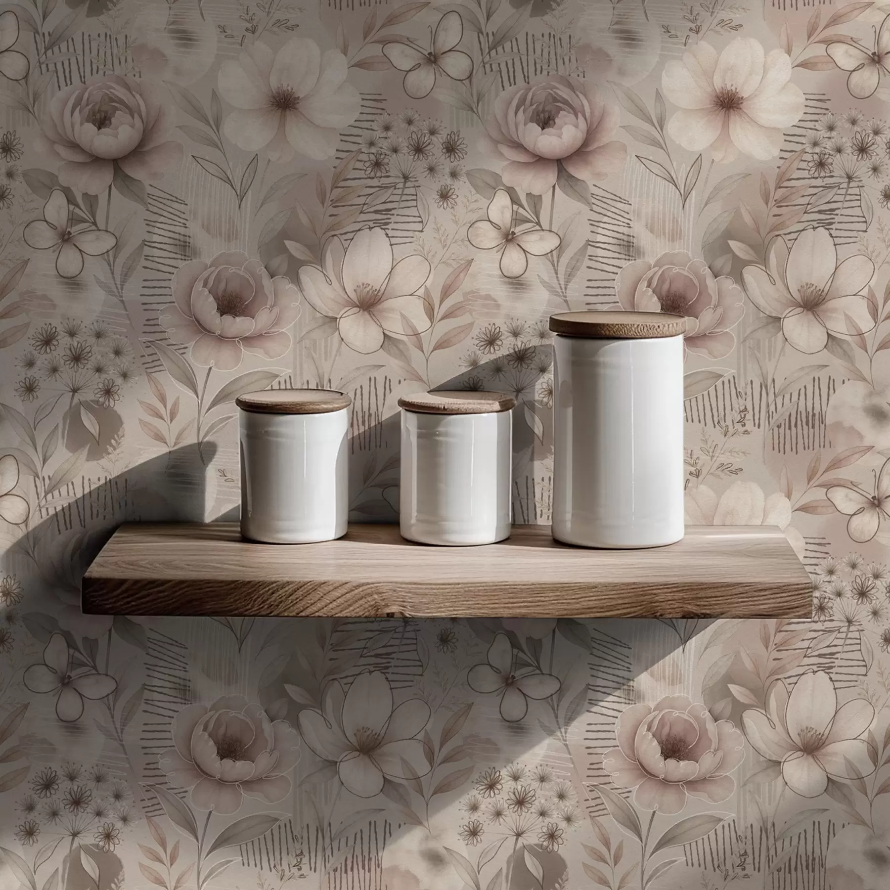 murales de pared Estampado floral en tonos beige sepia con detalles lineales y mariposas a00870