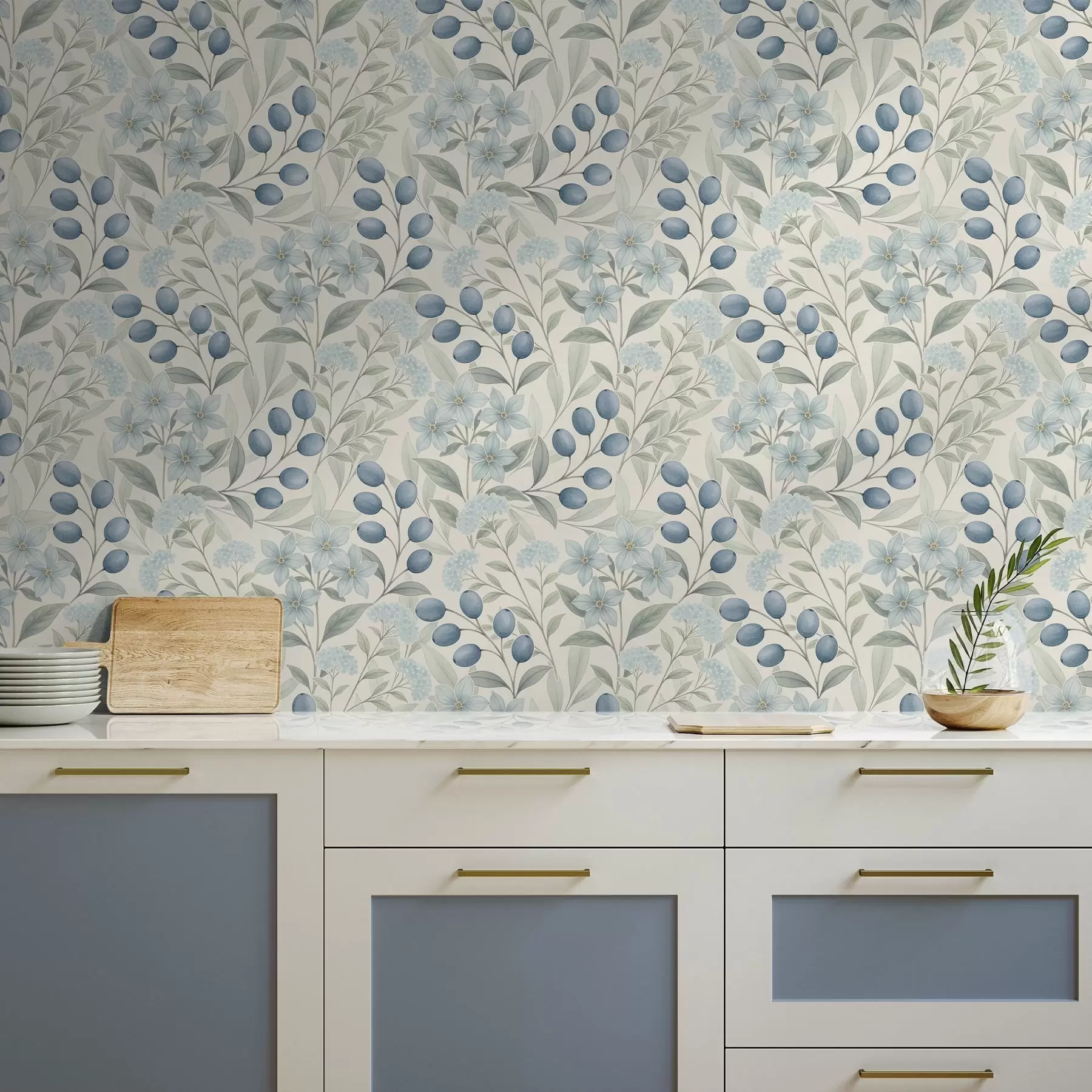 murales de pared Arándanos azules y flores claras sobre marfil a00872