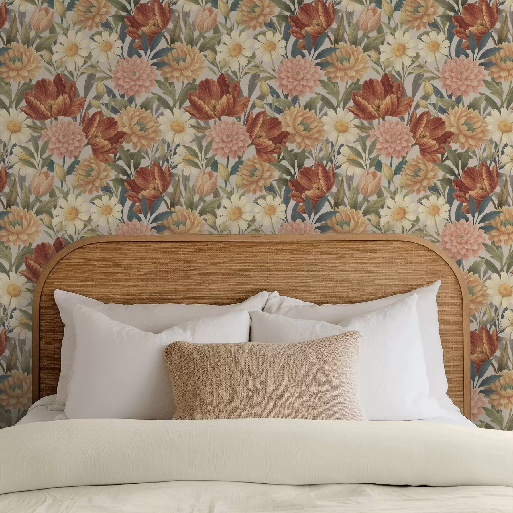 murales de pared Flores vintage de jardín en cálidos tonos terracota y melocotón a00874