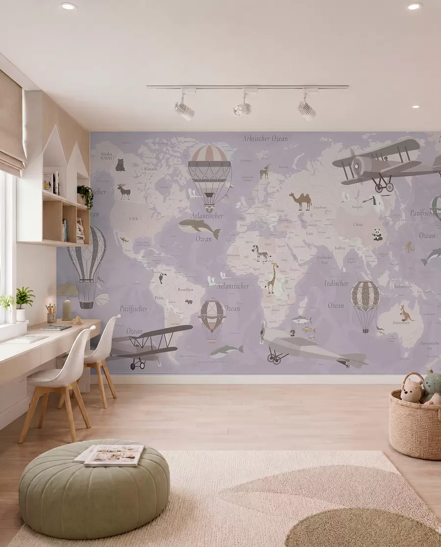 murales de pared Mapa del mundo para niños con animales, aviones y globos aerostáticos. En alemán. Color morado. c00003dev4