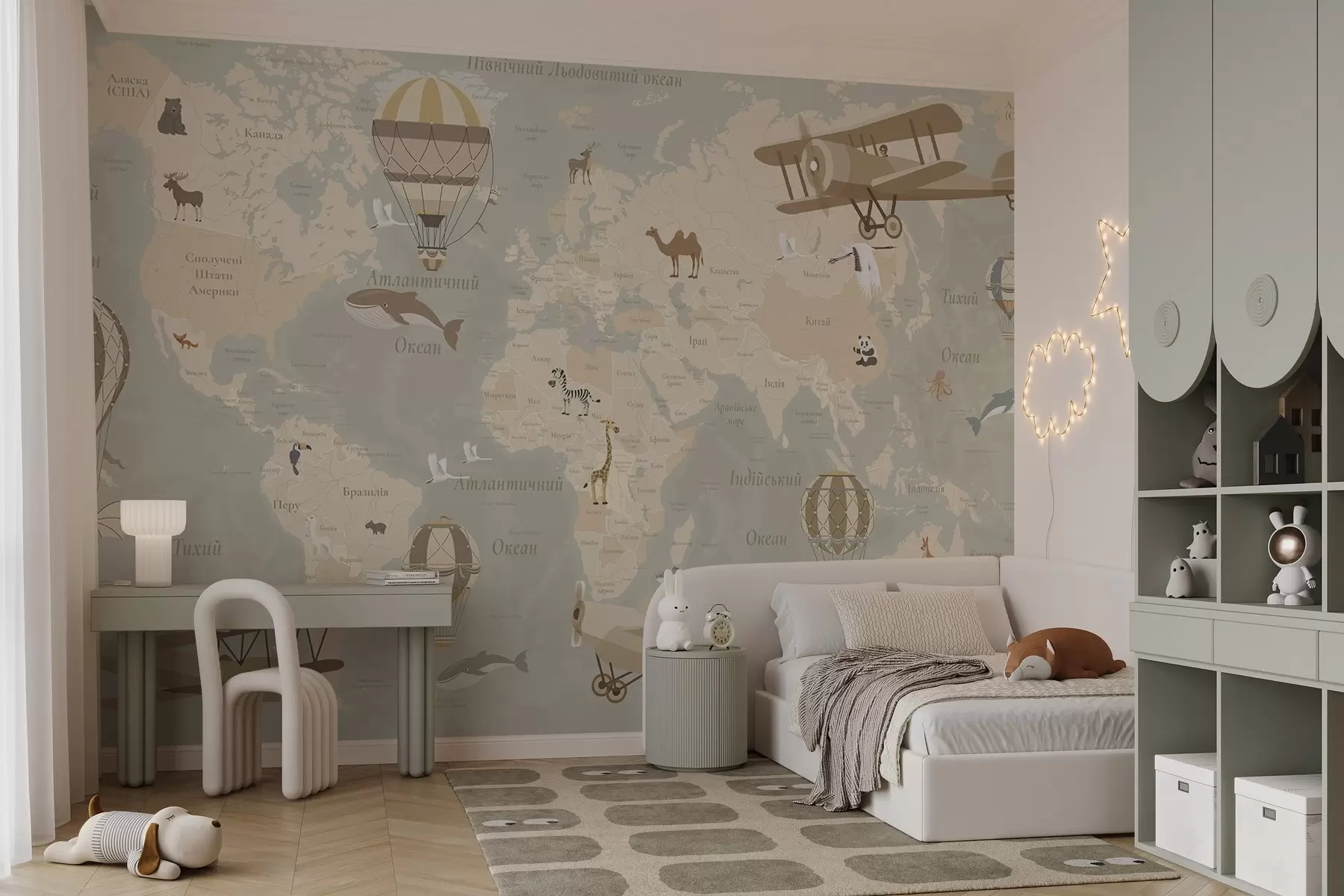 murales de pared Mapa mundial infantil con animales, aviones y globos aerostáticos. Idioma ucraniano. Color beige c00003uk