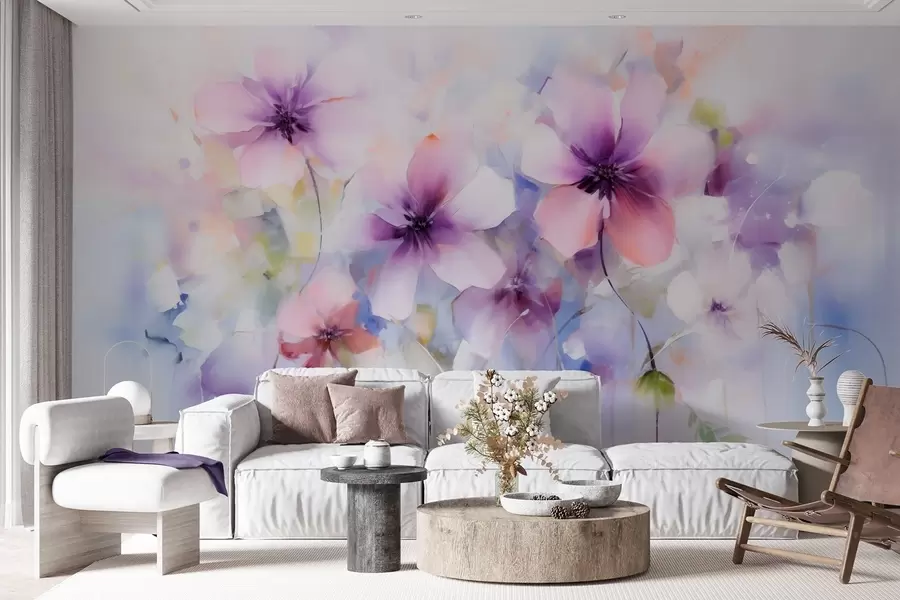 murales de pared Flores primaverales en acuarela en tonos rosa y morado w09502