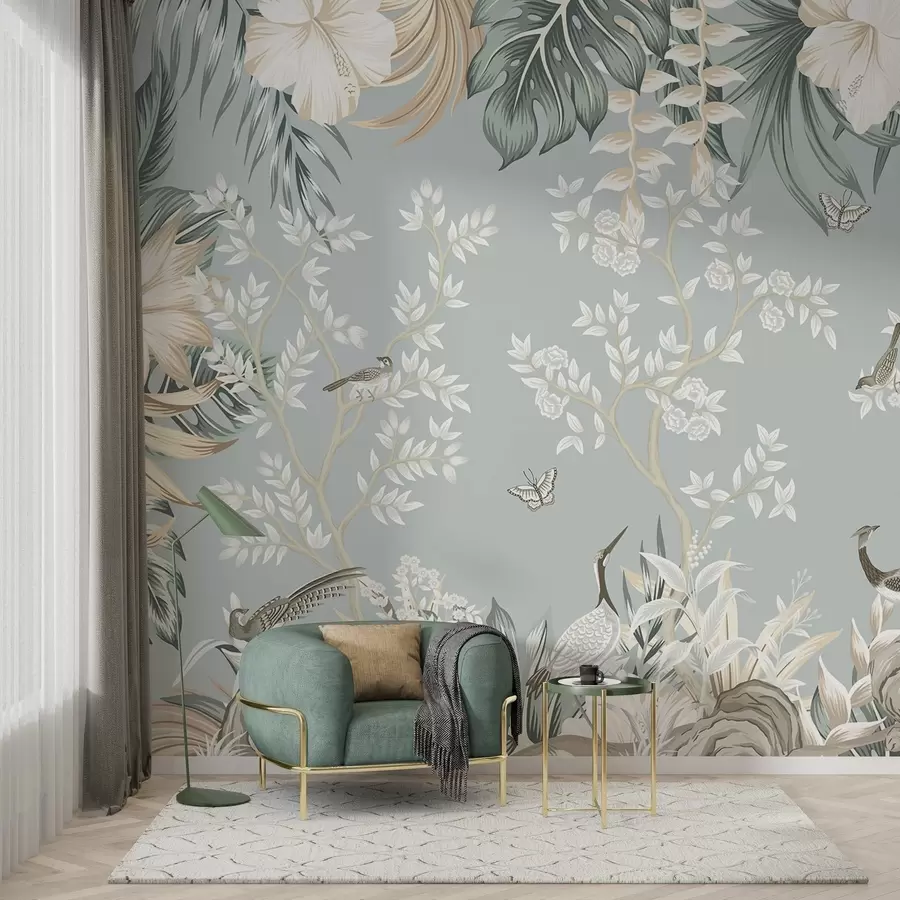 murales de pared Arte tropical en tonos pastel con textura, con pájaros, mariposas, flores de hibisco, hojas de palmera y árboles sobre un fondo azul claro w09528