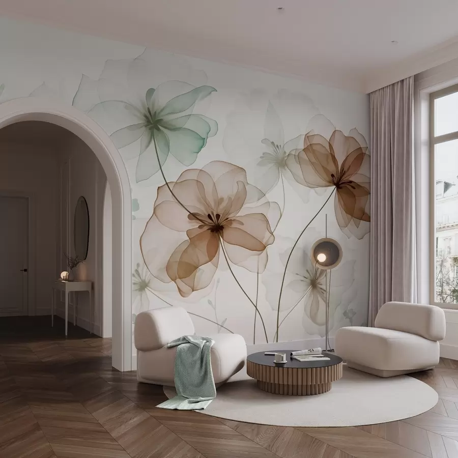 murales de pared Flores translúcidas con pétalos marrones y verdes, tallos largos, fondo claro, colores suaves, diseño floral con textura w09529